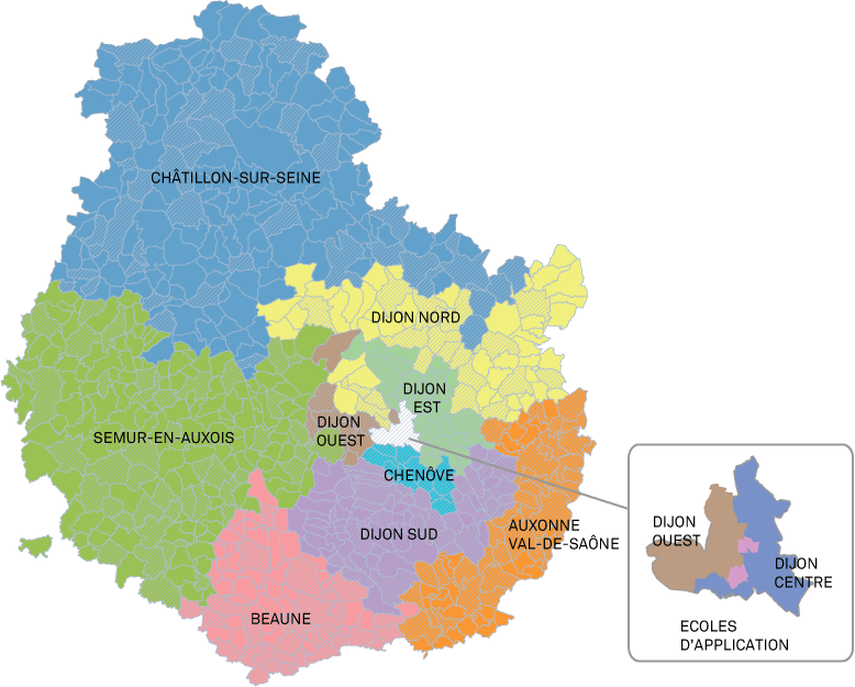 DSDEN Côte-d'Or carte des circonscription du 1er degré public