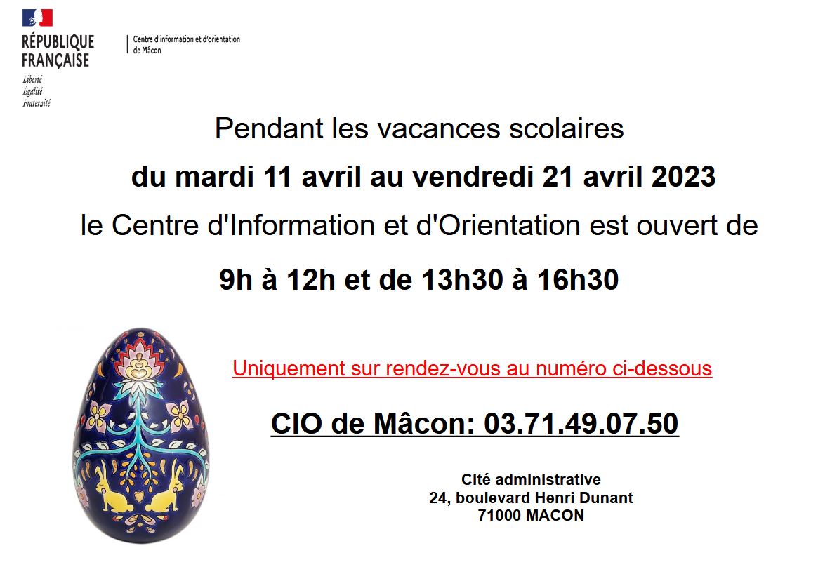 horaires et coordonnées CIO Mâcon - vacances d'avril