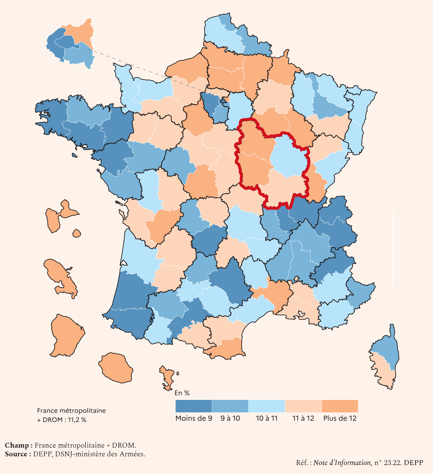 JDC 2022- Pourcentages de jeunes en difficulté de lecture selon le département