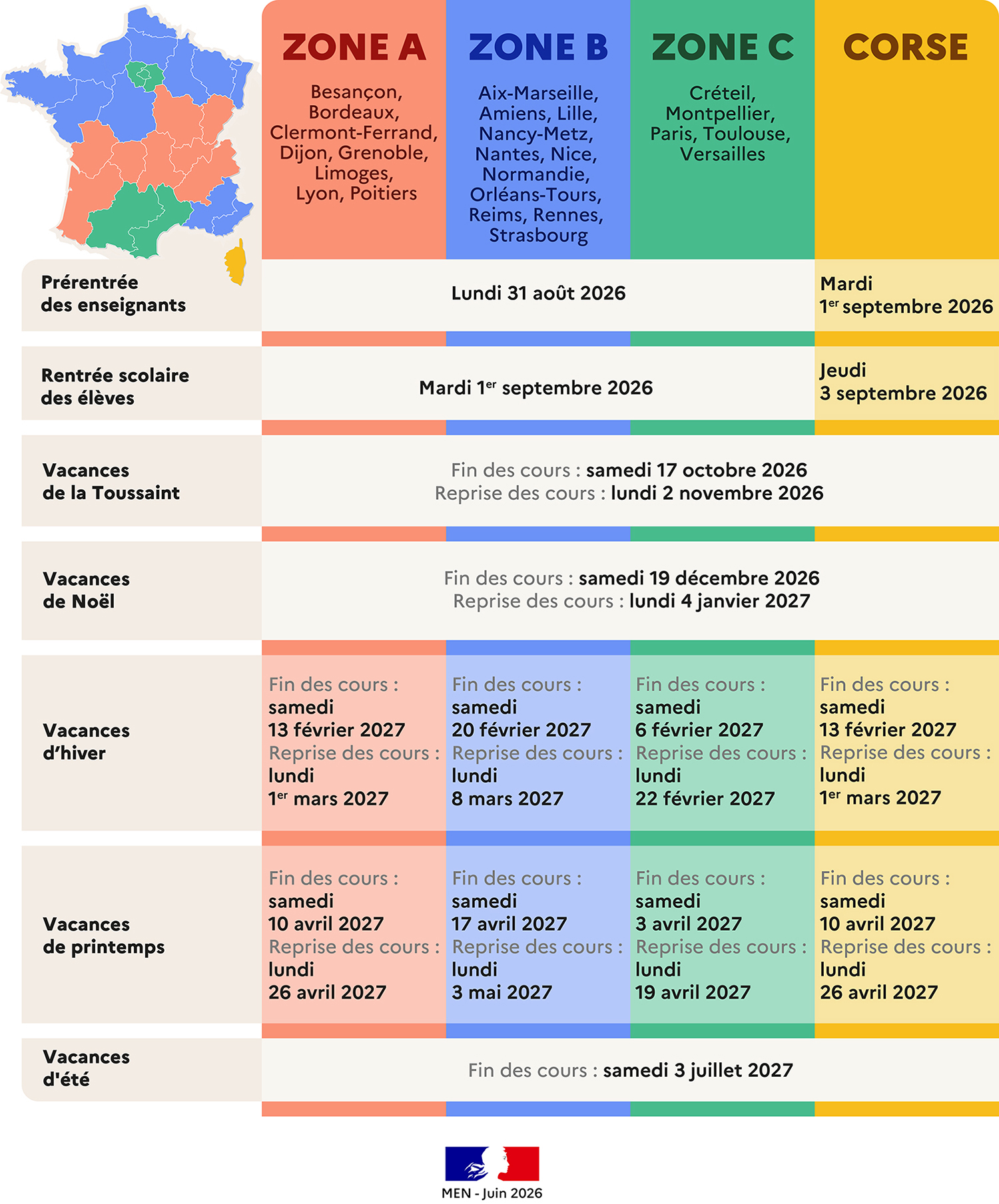 calendrier scolaire 2026-2027